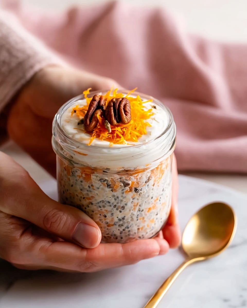 A small clear glass jar filled with a thick mixture that has visible black chia seeds and shredded orange carrot evenly spread throughout. The jar is topped with a smooth white cream layer, garnished with a small heap of shredded orange carrot and three brown pecan nuts placed on top. Two woman's hands hold the jar and a gold spoon below it, all set on a white marbled texture with a soft pink cloth in the background. Photo taken with an iphone --ar 4:5 --v 7