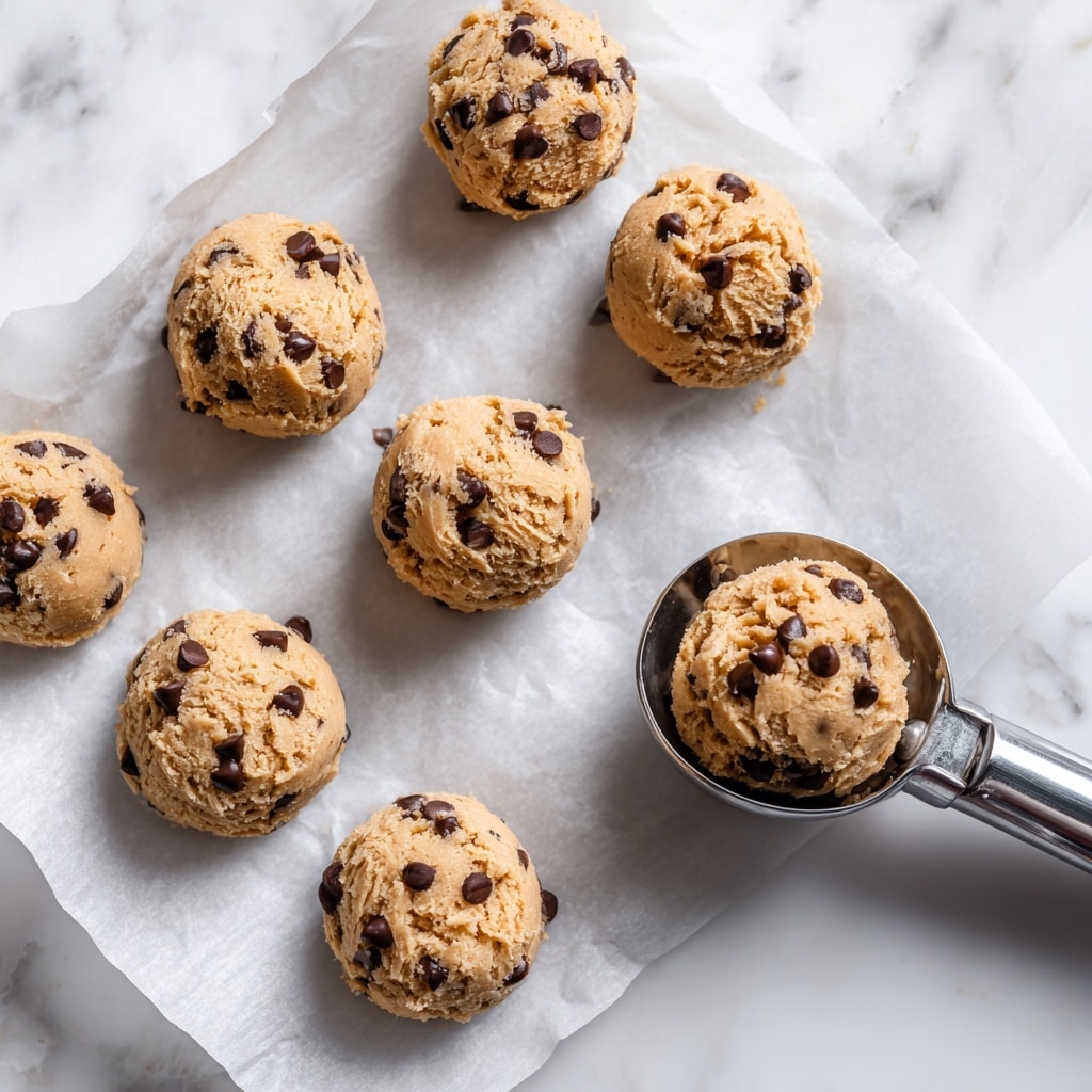 The image shows several scoops of raw cookie dough placed on a dark non-stick baking tray, each scoop roughly round with a slightly rough texture. The dough is light brown with visible small chocolate chips embedded evenly throughout. The focus is on the closest cookie dough scoop, which is well-detailed, showing the soft, slightly sticky texture with small folds and creases. The background is blurred with more similar scoops placed randomly on the tray. The scene is set on a white marbled surface. photo taken with an iphone --ar 4:5 --v 7