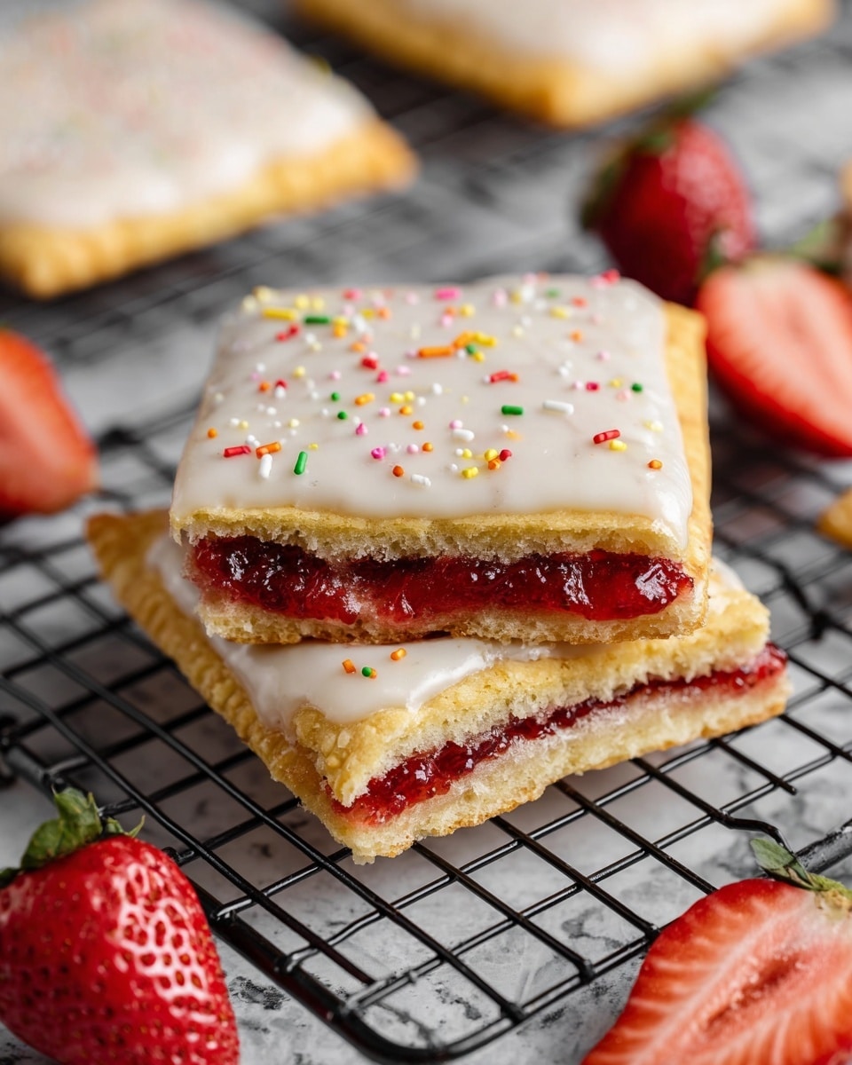 The image shows a close-up of a square pastry cut in half and stacked. The pastry has a golden-brown crispy crust as the first and last layer, with a bright red strawberry jam filling in the middle that looks thick and smooth. The top crust is covered by a thick white icing sprinkled with small colorful candy bits, giving a textured look. The pastries rest on a black wire rack placed on a white marbled texture surface, with fresh strawberry halves nearby, adding a fresh red color to the scene. Photo taken with an iphone --ar 4:5 --v 7