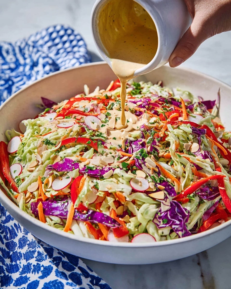 A large white bowl filled with a colorful salad made of shredded green cabbage, purple cabbage, thin orange carrot sticks, sliced red bell peppers, and thinly sliced almonds. The salad is sprinkled with green herbs and small pieces of radish. A creamy beige dressing is being poured from a white cup held by a woman's hand onto the middle of the salad. The bowl sits on a white marbled surface with a blue and white patterned cloth partially visible in the background. Photo taken with an iphone --ar 4:5 --v 7