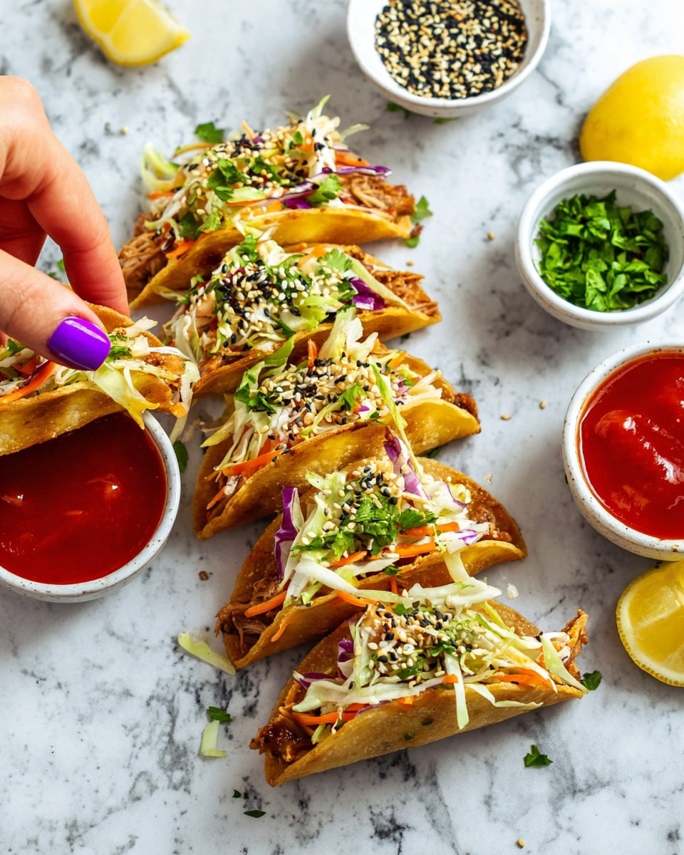 The image shows several small tacos arranged on a white marbled surface. Each taco has two layers of crisp, golden shells filled with a mix of light brown cooked meat and colorful shredded vegetables in white, orange, purple, and green shades. On top, there is a sprinkle of chopped green herbs and white and black sesame seeds. In front, a white bowl filled with bright red sauce is placed, with a taco being dipped by a woman's hand with purple nail polish. In the back, there are two white bowls, one with dark sesame seeds and another with green chopped herbs, and two yellow lemon wedges on the surface. photo taken with an iphone --ar 4:5 --v 7