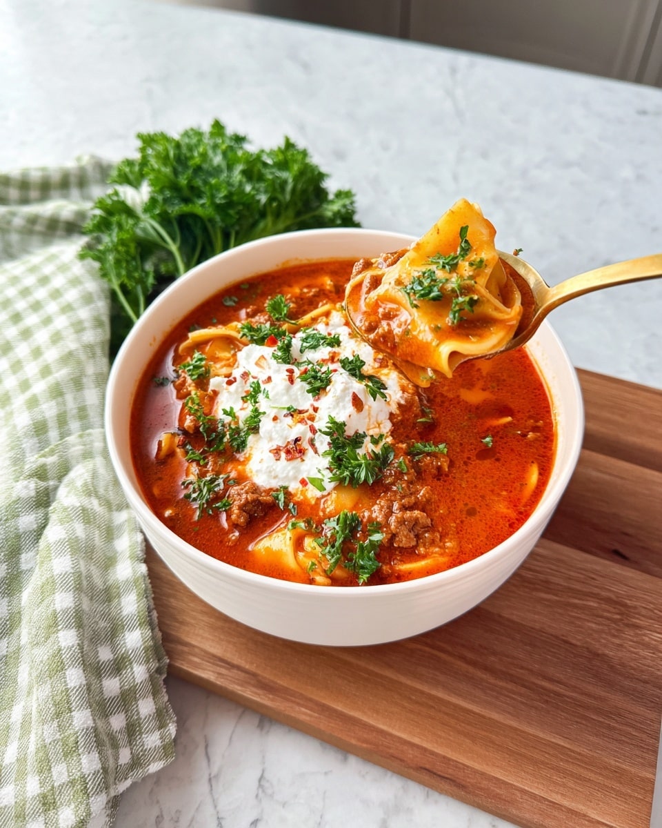 A white bowl filled with thick, rich red-orange soup with visible pieces of folded pasta and ground meat throughout. On top, there is a dollop of white cottage cheese sprinkled with small green parsley leaves and red chili flakes. A gold spoon holds a scoop from the bowl showing a piece of pasta and cottage cheese garnished with parsley. The bowl is placed on a wooden cutting board, and behind it lies a pale green checkered cloth with fresh parsley. The scene has a clean, white marbled background. photo taken with an iphone --ar 4:5 --v 7