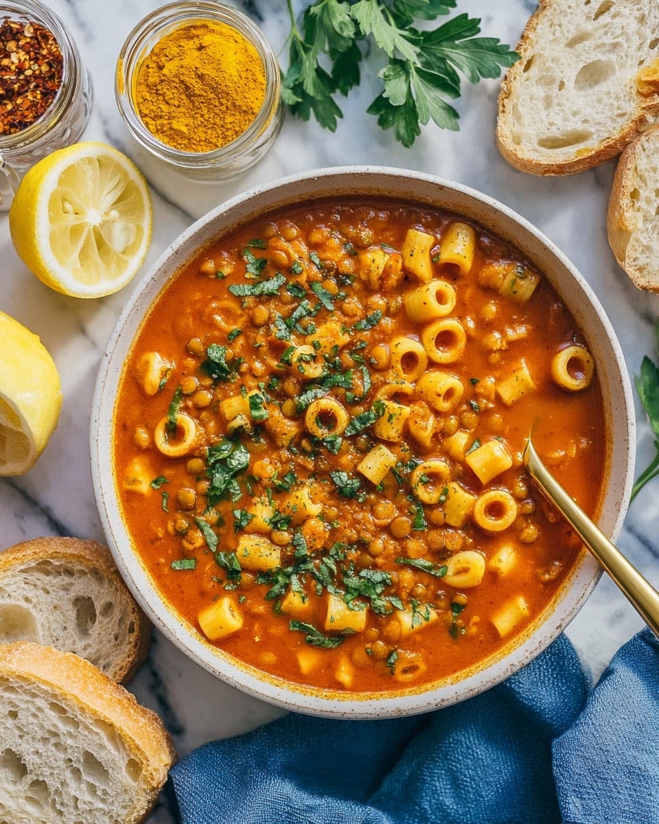 The image shows a close-up of a bowl of thick tomato-based soup filled with small curved pasta shells and lentils. The soup has a rich red-orange color and is garnished with chopped green herbs scattered on top. There is a spoon lifting some of the soup, showing the mixture of pasta and lentils with a slightly oily surface and specks of black pepper. The bowl is white and placed on a white marbled surface with some slices of bread visible in the background. Photo taken with an iphone --ar 4:5 --v 7