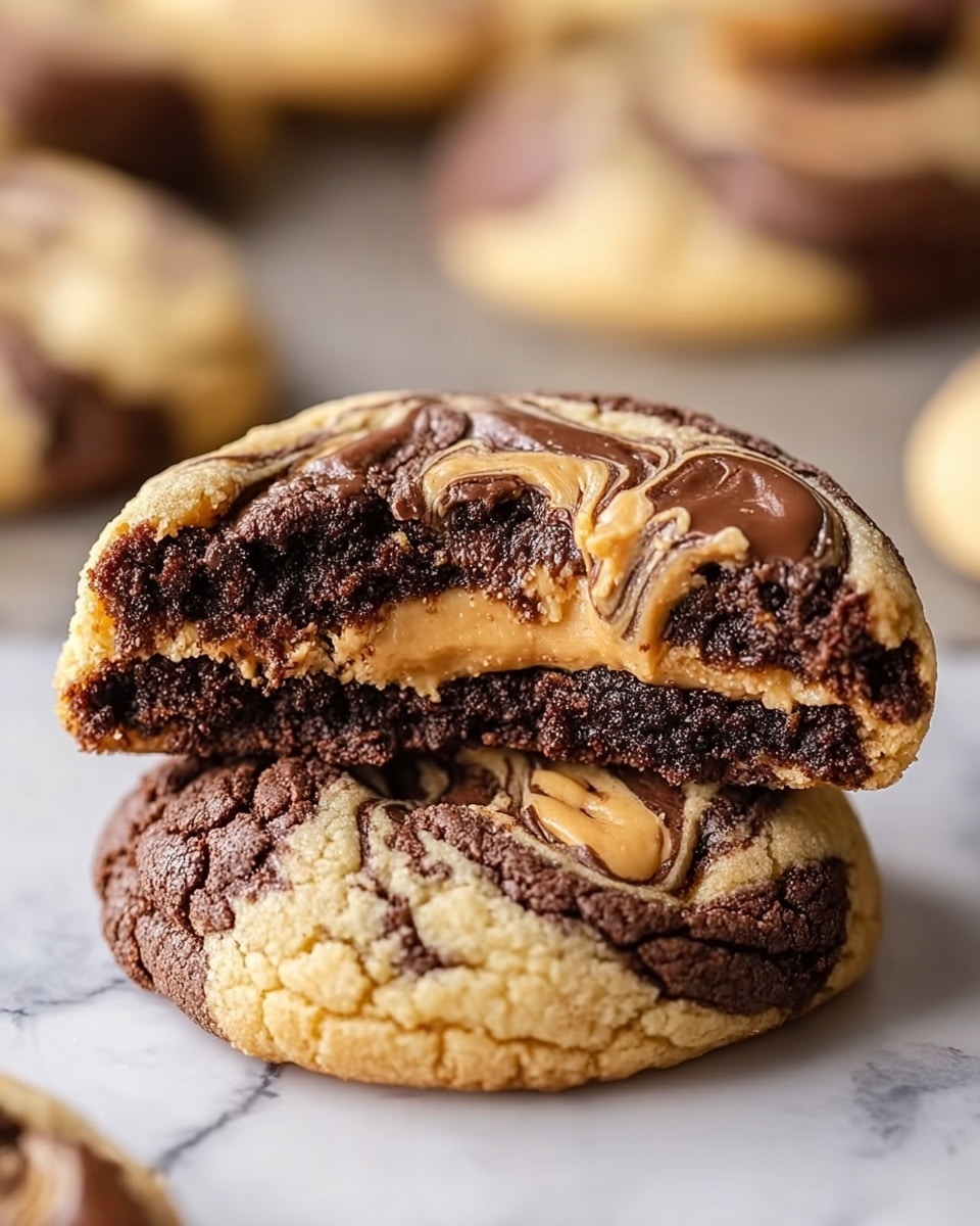 The image shows a close-up of a stack of two cookies on a white marbled surface. The bottom cookie has a light golden outer layer that looks soft and chewy, with a swirled center of dark brown chocolate and lighter brown peanut butter creating a marbled effect. The top cookie, slightly smaller, is broken in half and placed on top, showing the rich, dense chocolate and peanut butter swirl inside. Around the cookies, a few scattered chocolate chips add extra detail to the scene. Photo taken with an iphone --ar 4:5 --v 7