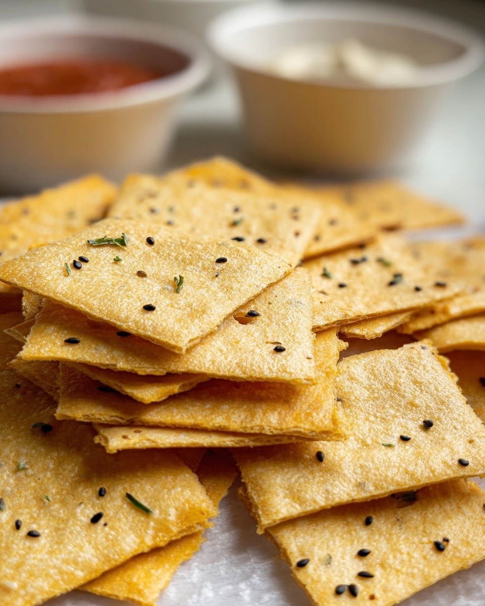 The image shows a close-up of a woman's hand holding a light golden, square cracker with small green herb pieces embedded in it. Below and behind the cracker, there is a white tray lined with white paper, filled with similar square crackers, some sprinkled with black seeds. At the back of the tray, there are two small white bowls; one bowl has a thick orange sauce, and the other contains a creamy white sauce topped with fresh green herbs. The whole setup is placed on a surface with a white marbled texture. photo taken with an iphone --ar 4:5 --v 7