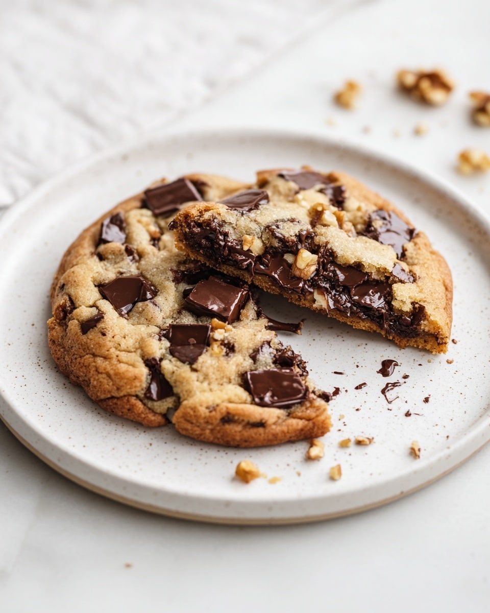 The image shows a metal baking tray filled with six large chocolate chip cookies on light brown parchment paper. Each cookie is round with a golden brown edge and a lighter, soft-looking center, studded generously with dark chocolate chunks and pieces of walnuts. The top of the cookies has a slightly cracked texture, showing a soft inside. The tray is placed on a white marbled surface, with a white cloth partially visible on the left side. photo taken with an iphone --ar 4:5 --v 7