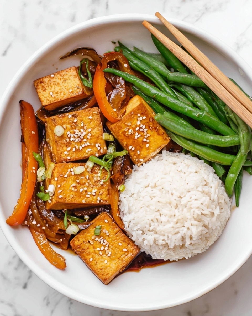 A white bowl on a white marbled surface holds a colorful meal with three main layers: on the bottom, dark brown soy sauce coating the base and vegetables like sliced mushrooms and thin orange bell pepper strips; on top of that, golden brown rectangular tofu pieces sprinkled with white sesame seeds and garnished with green sliced scallions; on one side of the bowl, a neat mound of white rice with well-separated grains, and next to it, bright green broccoli florets adding freshness. A pair of light wooden chopsticks rests on the bowl's edge, giving a natural touch. In the background, there is a small white bowl filled with sliced green scallions. photo taken with an iphone --ar 4:5 --v 7