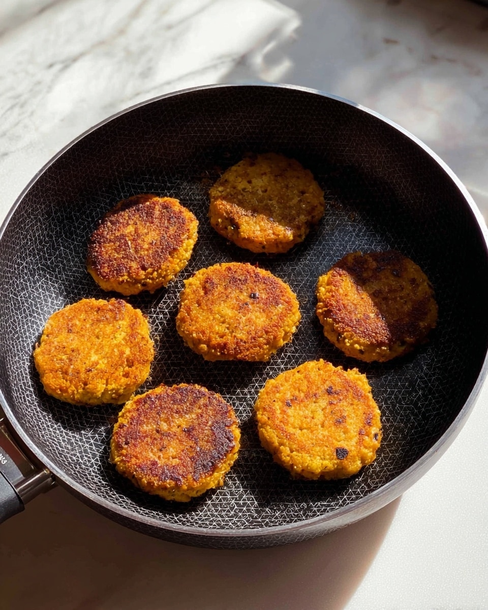 Seven golden-brown patties with uneven round shapes and slightly crispy edges are cooking in a black pan with a honeycomb pattern inside. The patties have a crumbly texture with some darker browned spots showing a well-cooked surface. The pan is placed on a white marbled surface, and sunlight casts soft shadows over the patties and pan, highlighting their warm tones. photo taken with an iphone --ar 4:5 --v 7