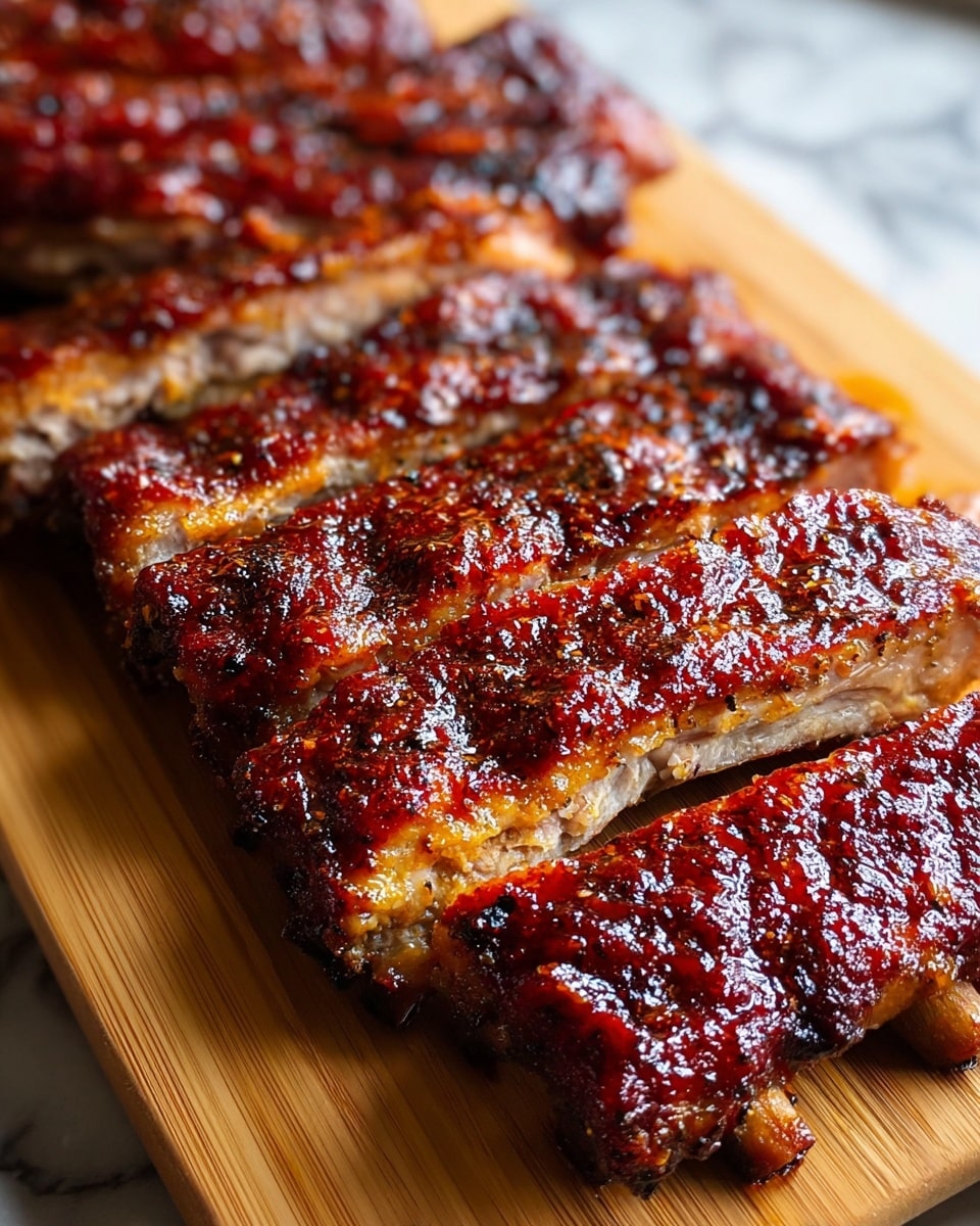 The image shows a close-up of several pork ribs cut into rectangular pieces arranged on a white plate. Each rib has a thick, shiny, dark brown crust with a slightly charred texture that glistens with sauce. The meat underneath is light tan with visible layers of tender, juicy meat and fat. The ribs are placed side by side, filling the frame with their rich, caramelized surface details, all resting on a white marbled surface. photo taken with an iphone --ar 4:5 --v 7