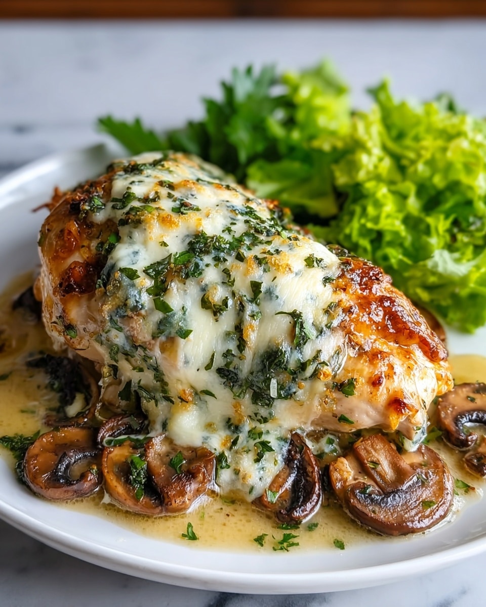A piece of cooked chicken breast with a golden brown crust is topped with melted white cheese mixed with green herbs, giving a creamy and slightly textured look. Over the cheese, there are small browned mushroom slices sprinkled with more herbs. The dish sits in a creamy sauce with visible herbs and oil droplets pooling around the chicken. In the background, there is a blurred leafy green garnish adding a fresh touch. The food is served on a white plate with a white marbled background. photo taken with an iphone --ar 4:5 --v 7