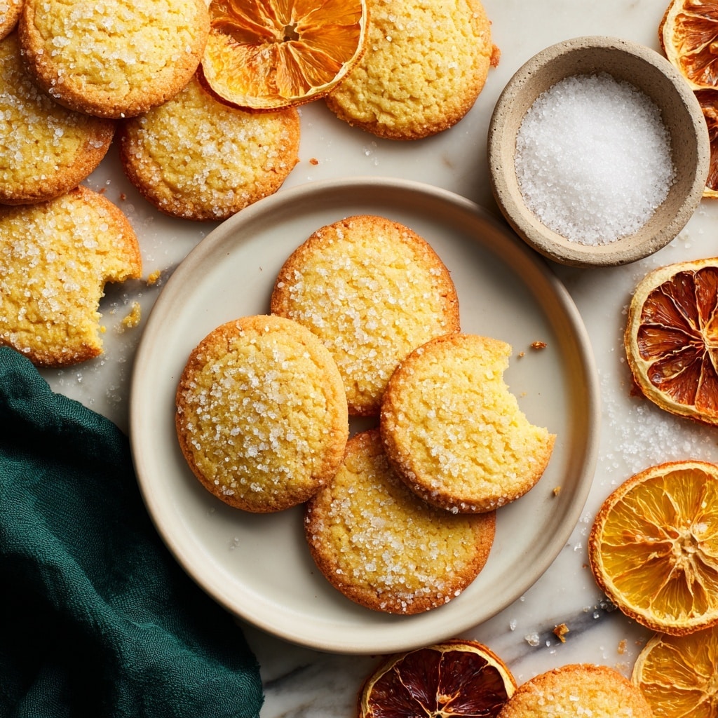 A white plate in the center holds two round pale yellow cookies with small orange bits, one cookie with a bite taken out is on top of the other. Around the plate, more cookies are spread, each coated in sugar crystals around the edges, all resting on a white marbled surface. To the upper side of the plate, a small white scalloped bowl filled with fine white sugar sits surrounded by dried orange slices in bright orange and dark orange colors. A soft green-gray cloth is placed loosely in the upper corner, adding texture to the scene. Photo taken with an iphone --ar 4:5 --v 7
