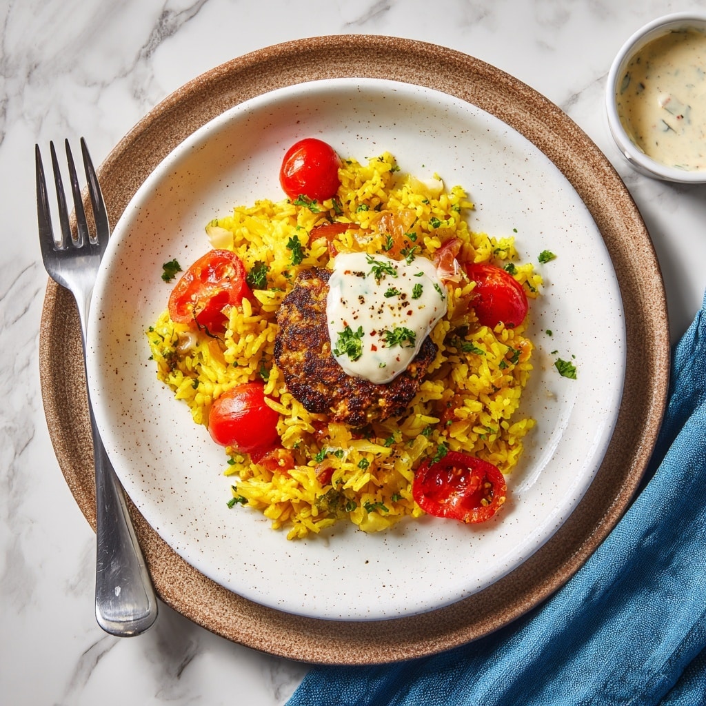 A round orange pot on a white marbled surface holds a dish with two main layers: the bottom layer is bright yellow rice mixed with green herbs and bits of cooked onions, creating a textured base, while the top layer features several browned chicken pieces evenly placed around the pot, along with halved red cherry tomatoes scattered throughout. A wooden spoon with some of the yellow rice and herbs rests on the white marbled surface next to the pot. In the background, there are two whole yellow lemons, a white bowl filled with creamy white sauce, and a shiny salt or pepper grinder, all placed on a blue cloth. Photo taken with an iphone --ar 4:5 --v 7