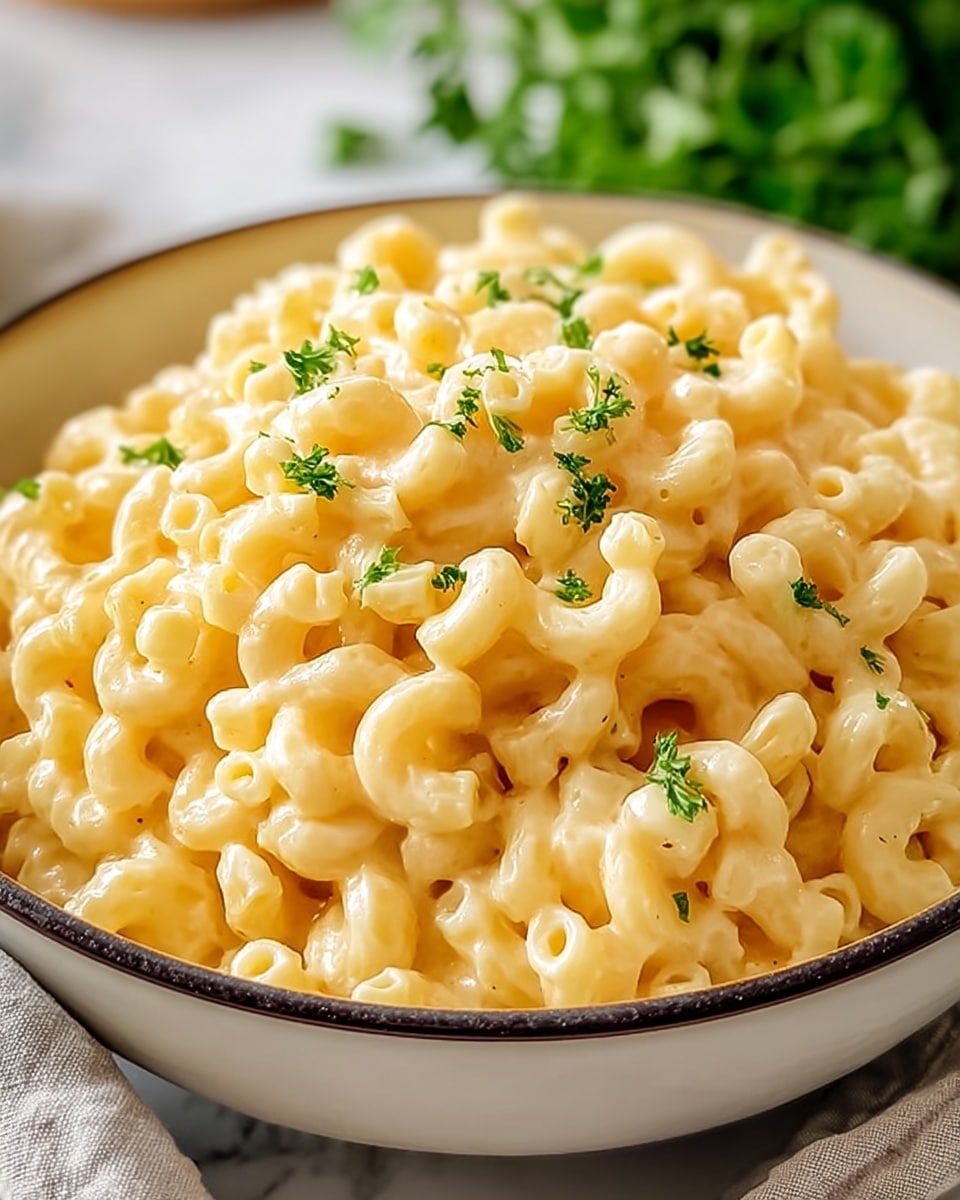 A close-up view of creamy macaroni pasta served in a white bowl with a speckled pattern around the rim, the dish has one main layer of small tubular pasta coated thickly with smooth, pale yellow cheese sauce, sprinkled evenly on top with finely grated white cheese and scattered small green parsley leaves adding texture and color contrast, all placed on a white marbled surface. photo taken with an iphone --ar 4:5 --v 7