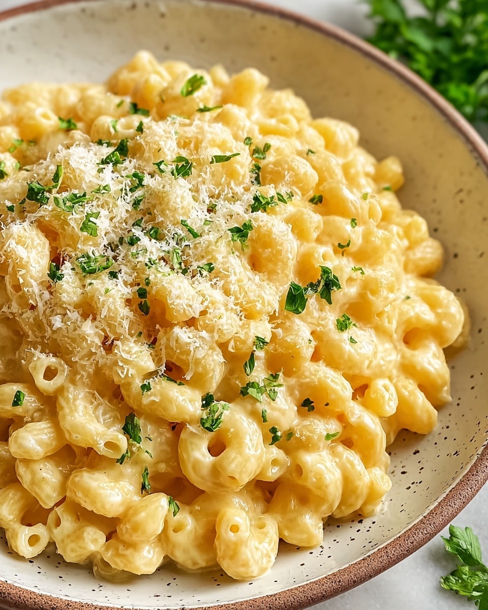 A bowl filled with creamy macaroni pasta that has a smooth, light yellow cheese sauce coating each small ring-shaped piece. The macaroni is piled high in the center of a white bowl with a slight dark rim, sprinkled with small green parsley leaves on top, adding a fresh contrast. The bowl sits on a white marbled surface with some greenery blurred softly in the background. photo taken with an iphone --ar 4:5 --v 7
