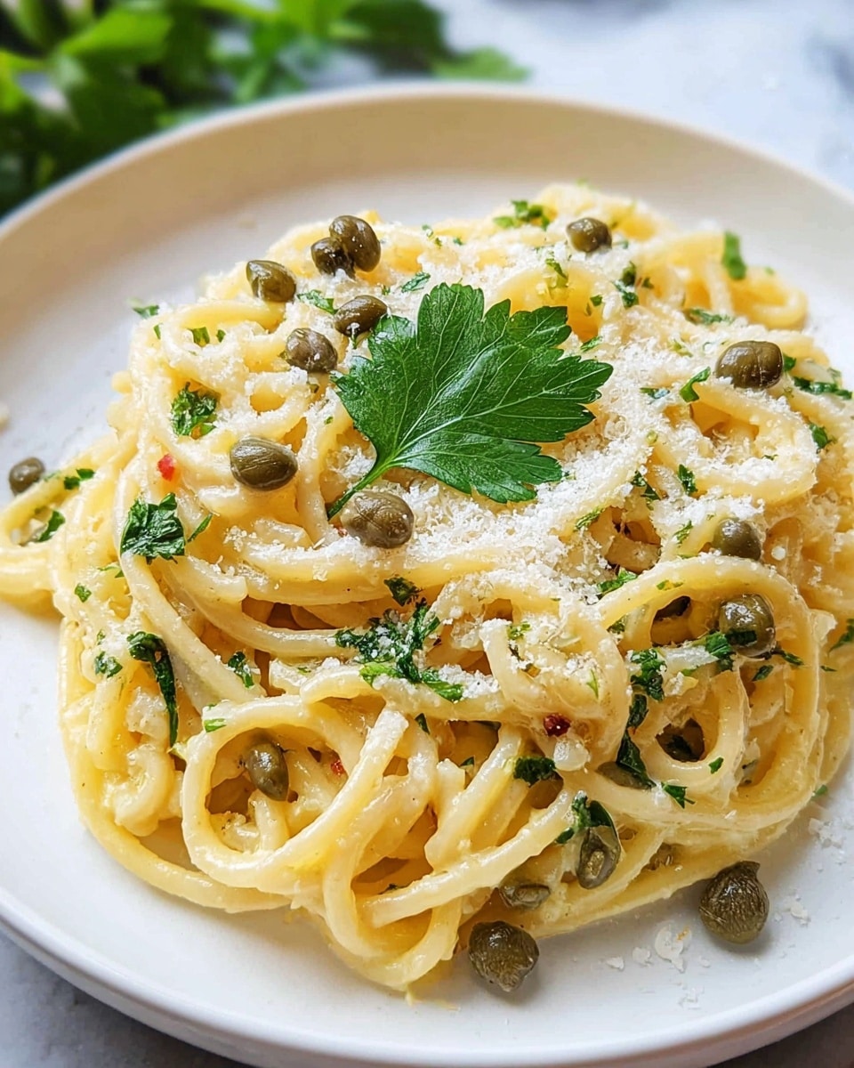A close-up view of a plate of creamy spaghetti pasta mixed with green capers and finely chopped herbs. The pasta strands are thick and coated evenly with a light yellow sauce. On top, there is a generous sprinkle of grated white cheese and small green parsley leaves scattered around. The dish is served on a white plate with a subtle blue rim, placed on a white marbled surface. photo taken with an iphone --ar 4:5 --v 7