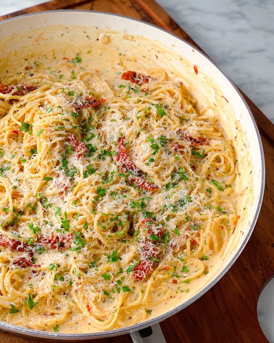 The image shows a close-up of a white pan filled with creamy spaghetti pasta. The dish has a rich, light beige sauce with visible thin spaghetti strands twirled throughout. There are pieces of red sun-dried tomatoes scattered inside, and a generous sprinkle of grated Parmesan cheese covers the top. Bright green chopped herbs are spread evenly across the dish, adding color contrast. The pan is set on a wooden cutting board atop a white marbled surface. The sauce texture looks thick and smooth, coating the pasta well. photo taken with an iphone --ar 4:5 --v 7