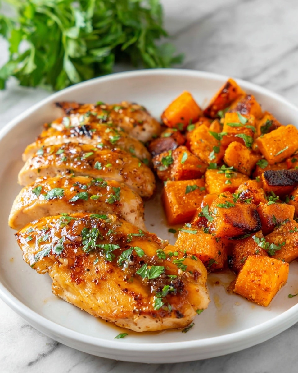 The image shows two close-up views of honey garlic chicken tenders, both cooked to a golden brown with a slightly crispy texture and garnished with small bits of minced garlic and chopped fresh green herbs. The top half displays two juicy chicken tenders placed on the left side of a white plate, accompanied on the right by a generous pile of roasted sweet potato chunks, which are golden orange with char marks and sprinkled with green herbs. The white plate rests on a white marbled surface. The bottom half is a close-up of several chicken tenders in a pan, glistening with honey garlic sauce, showing the caramelized texture and small bits of garlic and herbs on top. photo taken with an iphone --ar 4:5 --v 7