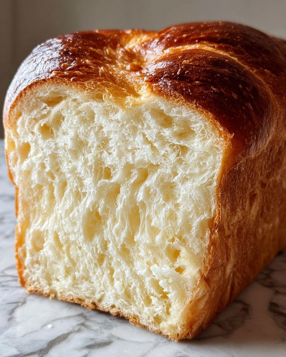 A close-up of a single large piece of freshly baked bread cut in half to show its inside. The bread has one thick layer with a golden-brown, shiny crust on top that looks soft but firm, with some light dusting of powder that looks like flour. Inside, the bread is fluffy and light yellow with many air pockets, showing a soft and airy texture. The bread piece rests on a white marbled surface, making the warm colors of the bread stand out. Photo taken with an iphone --ar 4:5 --v 7