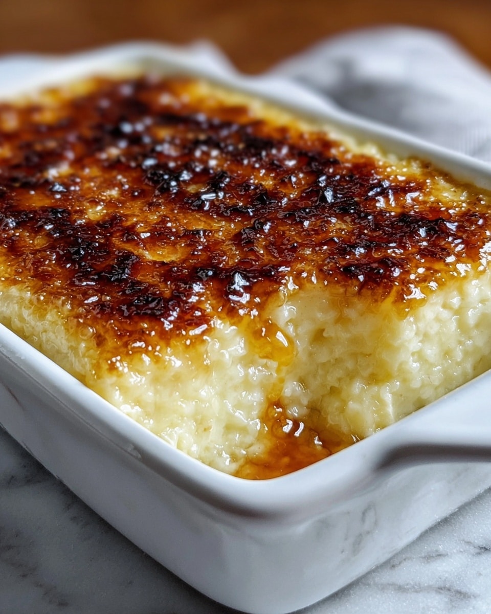 A white rectangular ceramic dish holds a creamy, pale yellow rice pudding with a thick, caramelized caramel brown sugar crust. The dessert is shown in a close-up view on a white marbled texture, with the golden-brown crust slightly uneven and glossy, melting gently into the soft, textured rice below. The rice layer appears dense and moist, contrasting with the crunchy top layer that covers the entire surface. Photo taken with an iphone --ar 4:5 --v 7