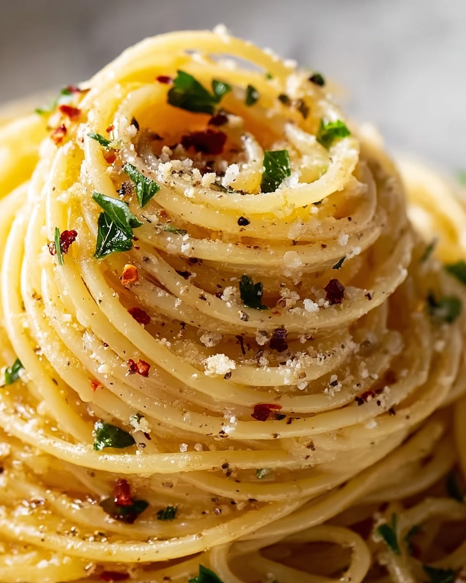 A close-up view of a white plate filled with a single nest-like serving of spaghetti pasta. The spaghetti strands are light golden yellow, shiny with olive oil, and tightly curled into a high mound. On top and scattered around the pasta are small flakes of red chili, tiny green parsley leaves, and granules of white grated cheese, along with specks of coarse black pepper. The different textures include the smooth spaghetti threads, the crumbly cheese bits, and the rough chili flakes, all sitting on a white marbled textured surface. photo taken with an iphone --ar 4:5 --v 7