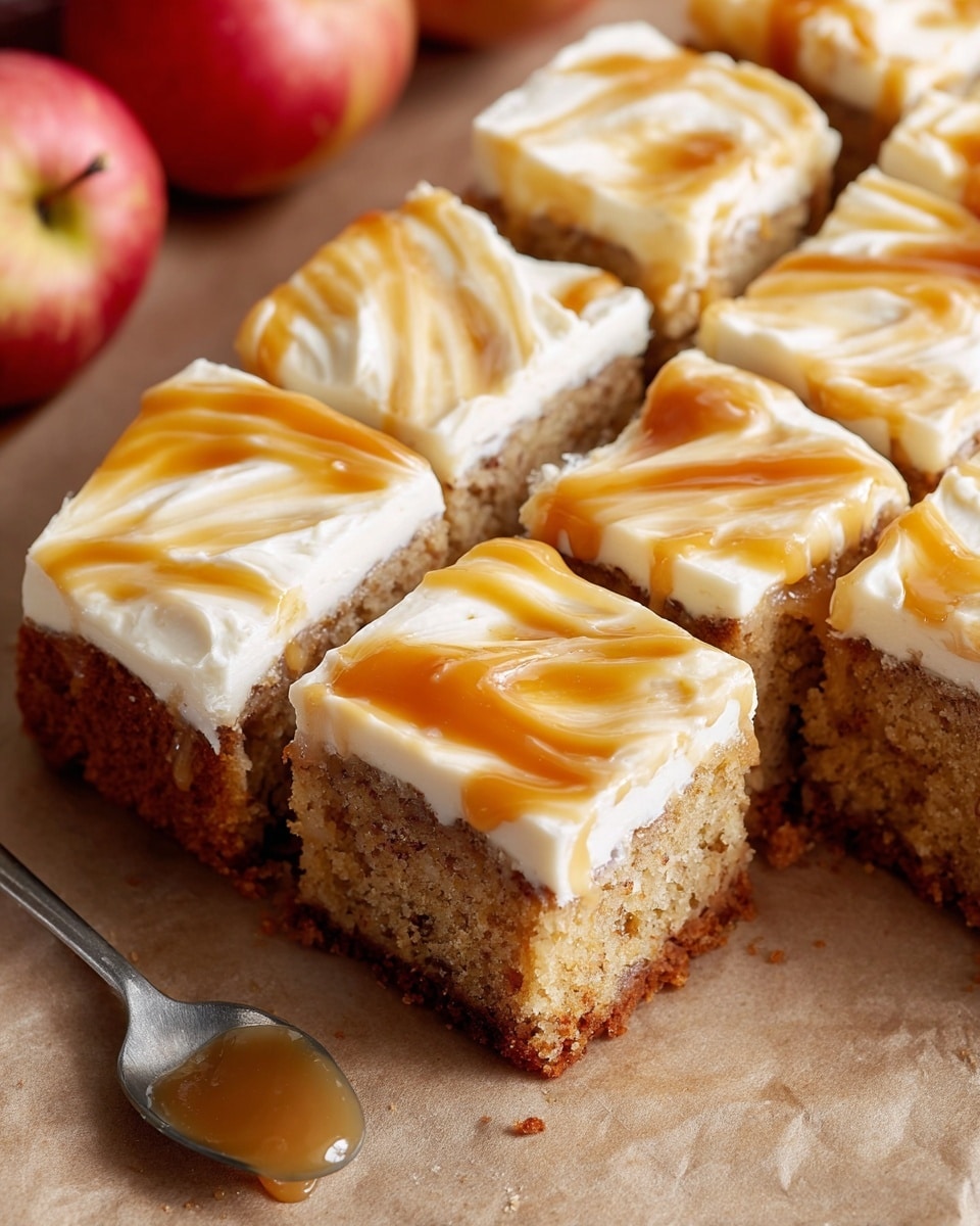 A close-up view of a square cake cut into nine pieces arranged in three rows. Each piece has two layers: a light brown, slightly crumbly cake base with a spongy texture, topped with a thick, smooth white layer of frosting swirled with golden caramel sauce. The caramel swirls create glossy, shiny patterns across the white frosting. The cake rests on light brown parchment, with two small red apples in the blurred background. A silver spoon with caramel sauce on it is placed near the bottom left corner. photo taken with an iphone --ar 4:5 --v 7