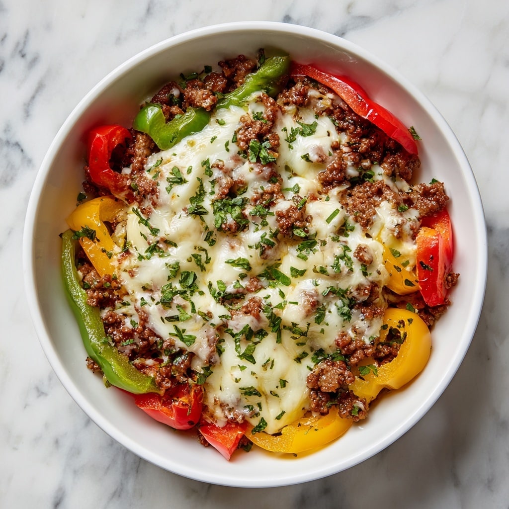 The image shows a bowl filled with layers of cooked ground beef mixed with colorful bell pepper strips in red, green, and yellow. On top, there is a layer of melted white cheese that looks gooey and slightly browned, sprinkled with small green parsley pieces. The bowl is white and set on a white marbled surface, making the colors of the dish stand out clearly. photo taken with an iphone --ar 4:5 --v 7