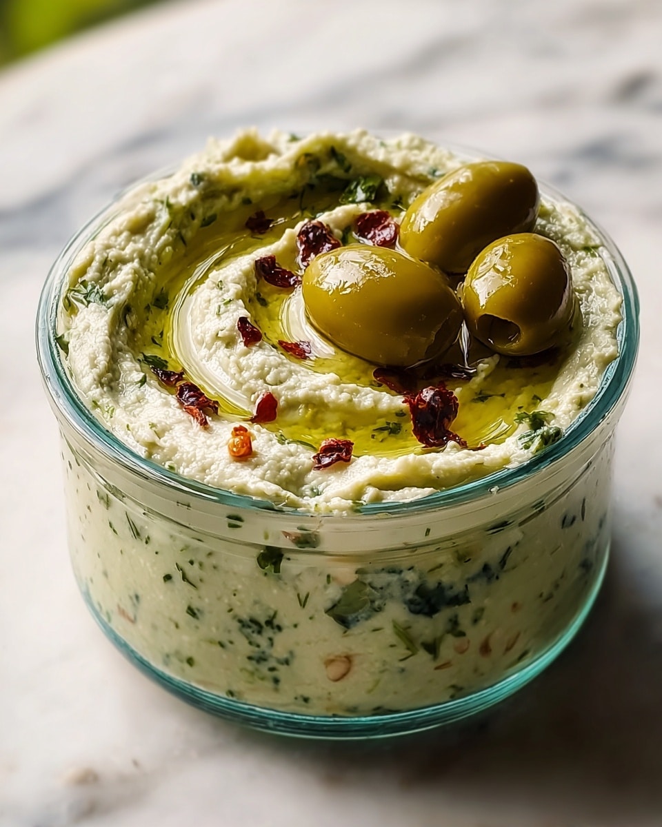 A clear glass jar filled with two layers of creamy dip; the bottom layer is a light green olive mixture with a smooth texture, speckled with tiny herbs, while the top layer is a thick, slightly chunky white spread mixed with finely chopped greens. The white layer is swirled to form a small well in the center, holding a golden pool of olive oil. Two glossy green olives and small red chili flakes decorate the top, adding contrast. The jar sits on a white marbled surface with soft natural light highlighting the textures and colors. photo taken with an iphone --ar 4:5 --v 7