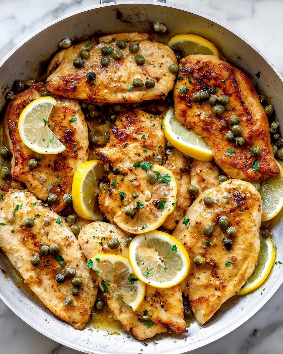 The image shows a white pan filled with several pieces of golden brown, cooked chicken breasts arranged close together. The chicken has a slightly crispy texture with visible grill marks and is topped with small green capers scattered evenly on all pieces. Thin, bright yellow lemon slices are placed under and around the chicken, adding pops of color. Small bits of green herbs are also sprinkled over the chicken for a fresh look. The pan sits on a white marbled surface, enhancing the bright and fresh presentation of the dish. photo taken with an iphone --ar 4:5 --v 7