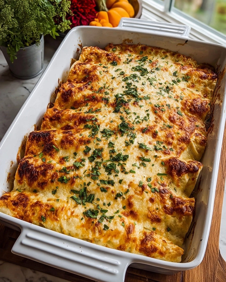 A white baking dish filled with a layer of golden-brown baked enchiladas, each rolled tightly and arranged side by side. The top is covered with melted cheese that is bubbly and browned in spots, giving a crispy texture. Bright green chopped herbs are sprinkled evenly over the melted cheese, adding fresh color contrast. The dish sits on a wooden surface with a white marbled countertop and a kitchen background with fruits and plants visible near a sunlit window. photo taken with an iphone --ar 4:5 --v 7