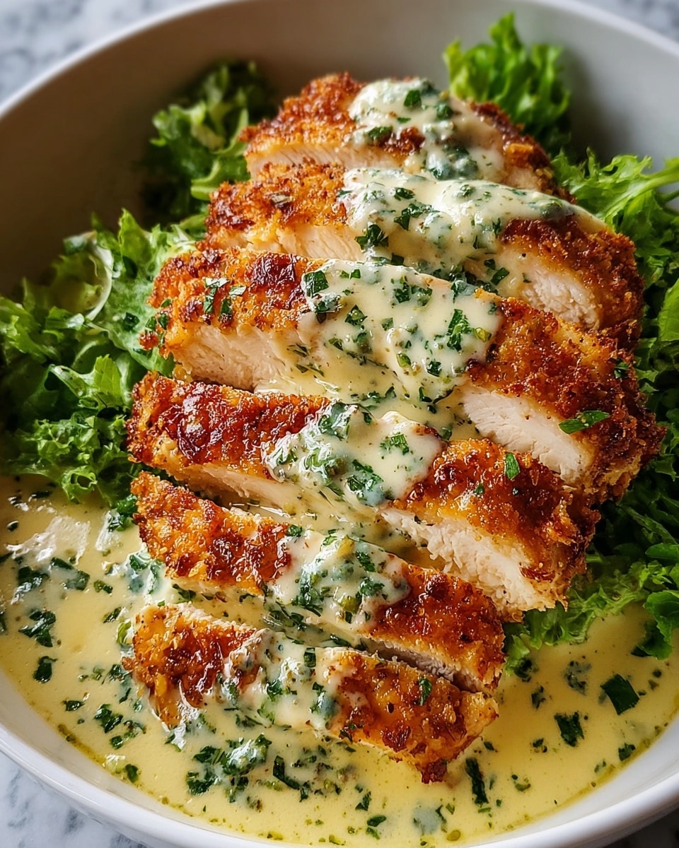 The image shows a sliced, crispy golden-brown chicken breast layered on a bed of fresh green lettuce leaves inside a white bowl. The chicken is coated generously with a creamy, light yellow sauce speckled with finely chopped green herbs, pooling around the chicken at the bottom of the bowl. The chicken pieces are arranged from left to right in a slightly overlapping pattern, showing the juicy, tender white meat inside. The background is a white marbled texture. Photo taken with an iphone --ar 4:5 --v 7