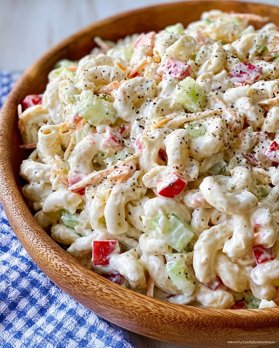 A close-up view of a white marbled textured surface holding a wooden bowl filled with creamy macaroni salad. The salad consists of three visible layers: a base layer of elbow macaroni coated in thick white dressing, scattered throughout are small diced red bell peppers and green cucumber pieces adding splashes of red and green color, and thin shredded pale cabbage mixed evenly in between. The salad is topped with a light sprinkle of cracked black pepper, adding fine specks of black on the mostly white and pastel colors. Part of a blue and white checkered cloth napkin is visible next to the wooden bowl. Photo taken with an iphone --ar 4:5 --v 7