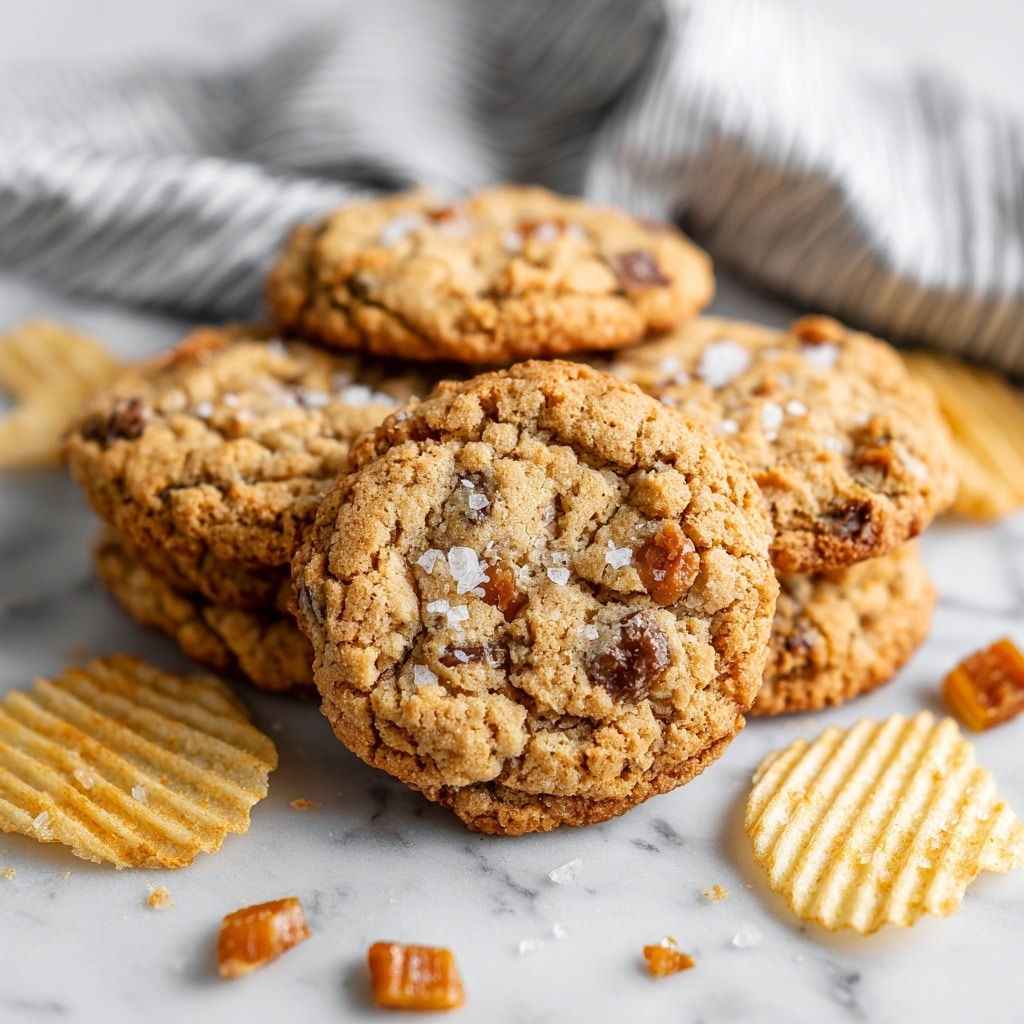 The image shows several chunky cookies with a cracked, golden-brown surface dotted with bits of chocolate and small pieces of caramel, sprinkled with coarse salt on top. The cookies are thick and soft-looking, stacked closely together on a white marbled surface. Around the cookies, there are some broken ridged potato chips and chip crumbs scattered, adding texture to the scene. A black and white striped cloth is softly folded in the background, giving a cozy and casual feel to the setting. Photo taken with an iphone --ar 4:5 --v 7