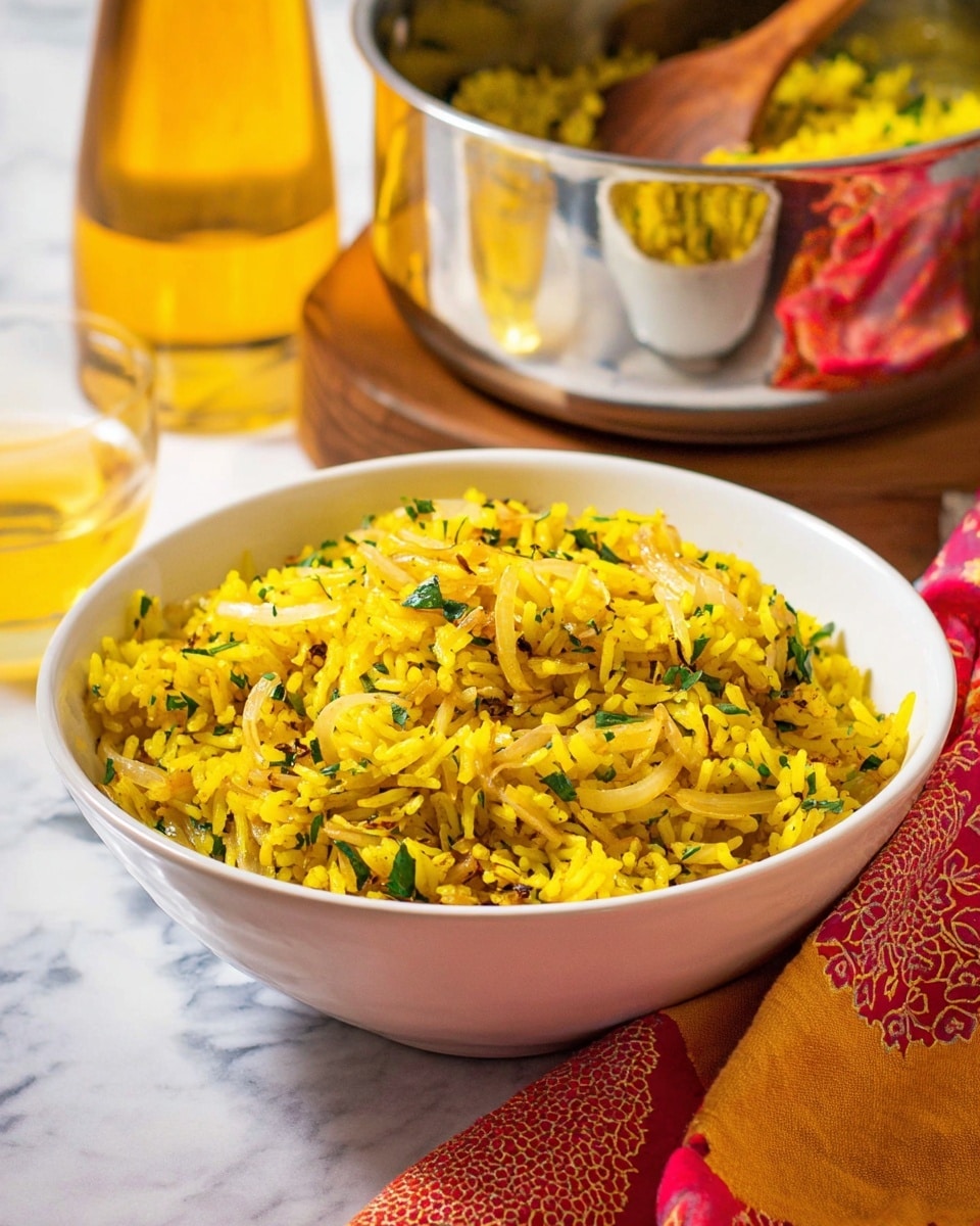 A white bowl filled with yellow cooked rice mixed with herbs and spices, showing visible pieces of onion and green leaves, sitting on a white marbled background. Behind it, a shiny silver pot reflecting the yellow rice with a wooden spoon inside is placed on a wooden board. To the left, there is a glass bottle with a golden liquid, and in the foreground, a red and yellow patterned cloth is partly visible. The colors are bright and warm, creating a fresh and inviting look for the dish. photo taken with an iphone --ar 4:5 --v 7