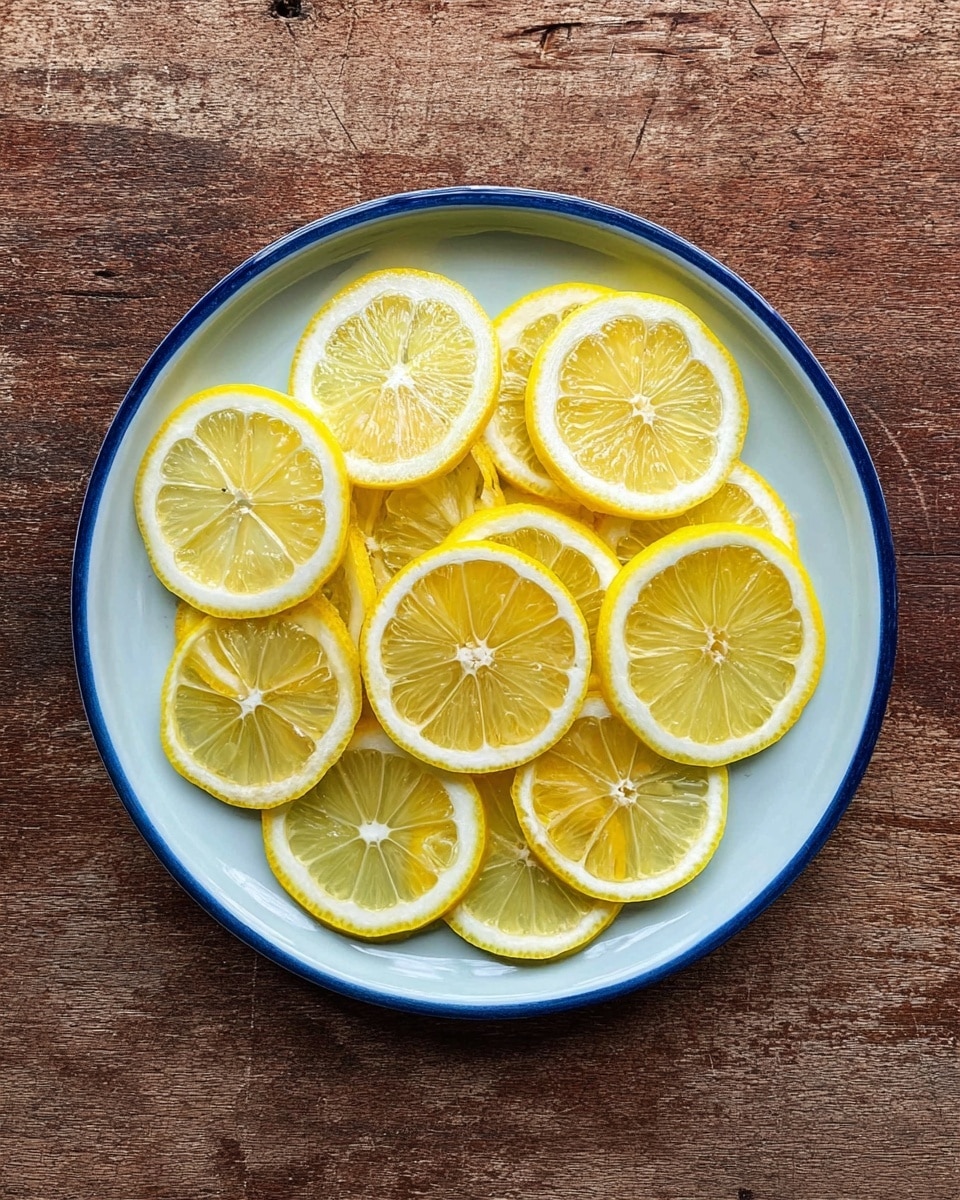 A white plate with a blue rim holds about twenty thin lemon slices stacked in a loose pile in the center. Each lemon slice shows its bright yellow rind and pale yellow interior with visible juicy segments and white pith. The plate is set on a rough brown wooden surface. photo taken with an iphone --ar 4:5 --v 7