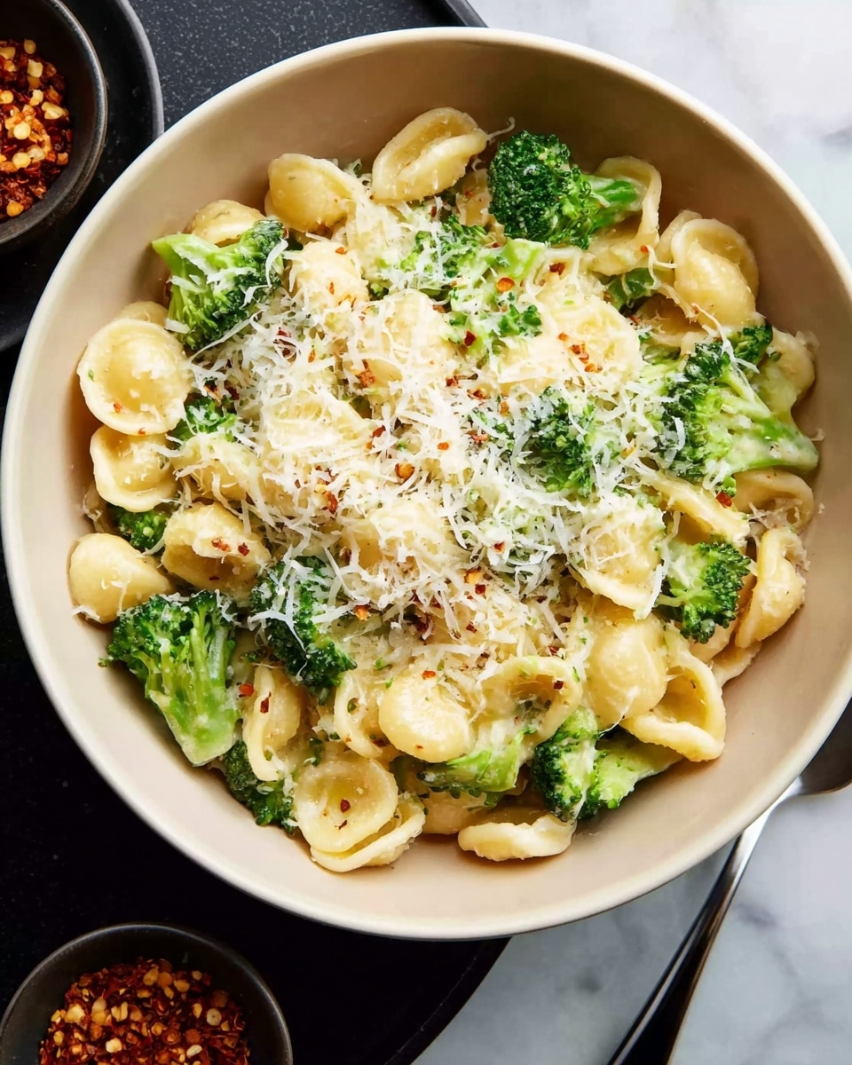 A bowl of orecchiette pasta mixed with bright green broccoli pieces, topped with a light sprinkle of finely grated white cheese. The pasta shells are pale yellow and appear soft and tender, filling most of the bowl’s base. The broccoli florets are scattered evenly, adding texture and color contrast. The bowl is white and sits on a white marbled surface, with a small bowl of red chili flakes and a metal grater slightly blurred in the background. Photo taken with an iphone --ar 4:5 --v 7