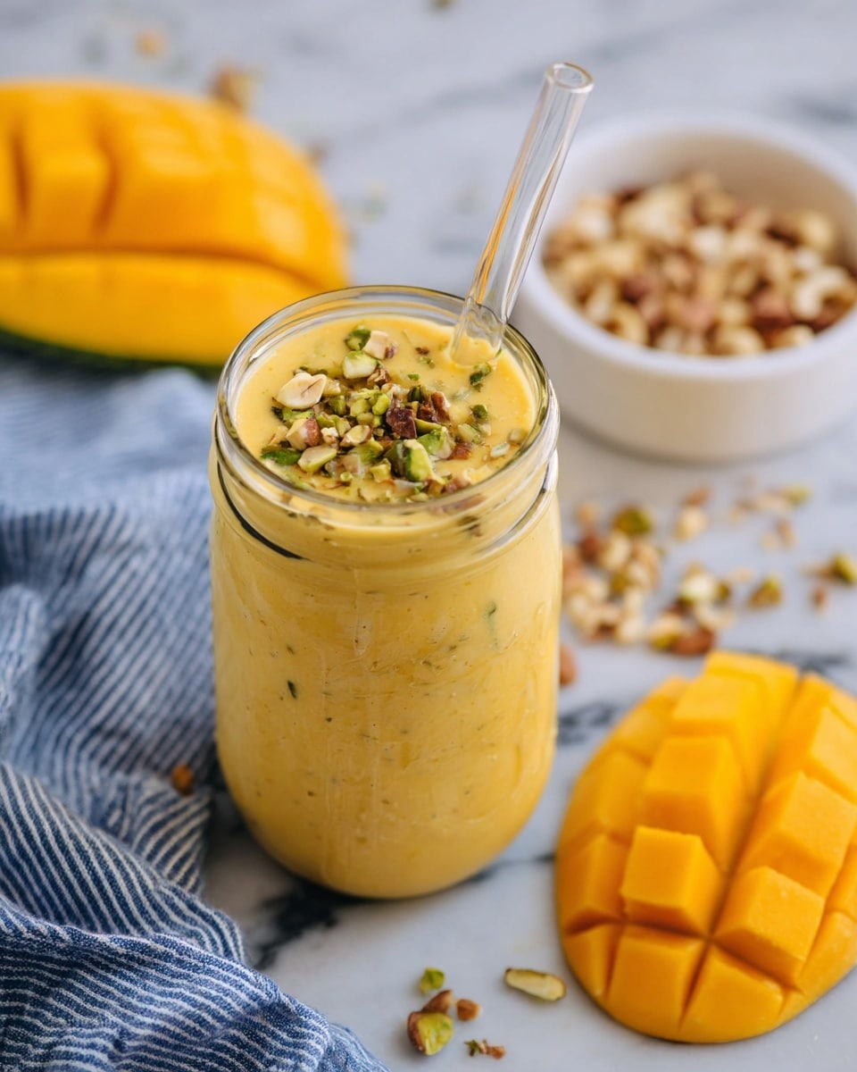 A clear glass jar filled with a thick, creamy yellow mango smoothie that has small green and brown nut pieces mixed in and floating on the top. A clear glass straw is inserted into the jar, slightly tilted. Around the jar, there are two halves of a ripe mango with a grid pattern cut into the flesh, and a white bowl filled with chopped nuts. More chopped nut pieces are scattered on a white marbled surface. A blue-and-white striped cloth is blurred in the background. photo taken with an iphone --ar 4:5 --v 7