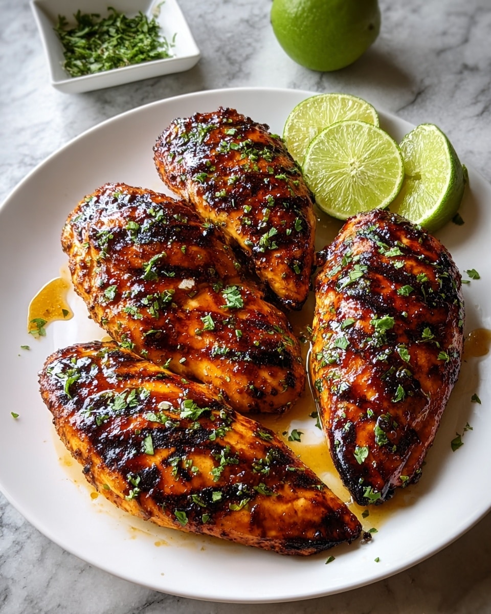 A white plate holds four grilled chicken breasts with a golden brown and slightly charred surface, showing dark grill marks and a shiny glaze. The chicken is topped with small green herb pieces sprinkled across all pieces. At the back right of the plate, there are four lime wedges with bright green skin and juicy interiors. Behind the plate, there is a small white bowl with chopped green herbs and a whole lime next to it. The setting is on a white marbled texture surface. photo taken with an iphone --ar 4:5 --v 7