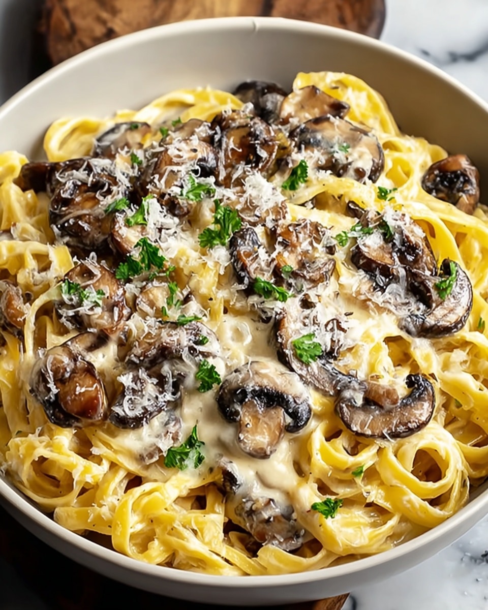 A bowl of creamy mushroom pasta featuring three main layers: at the bottom, there is a thick layer of yellow fettuccine noodles covered in a smooth, light cream sauce; on top, scattered browned mushroom slices add a rich dark brown texture; sprinkled across the dish are small bits of grated white cheese and green parsley pieces, creating contrast and freshness. The white bowl sits on a white marbled surface with a slightly blurred dark background. photo taken with an iphone --ar 4:5 --v 7