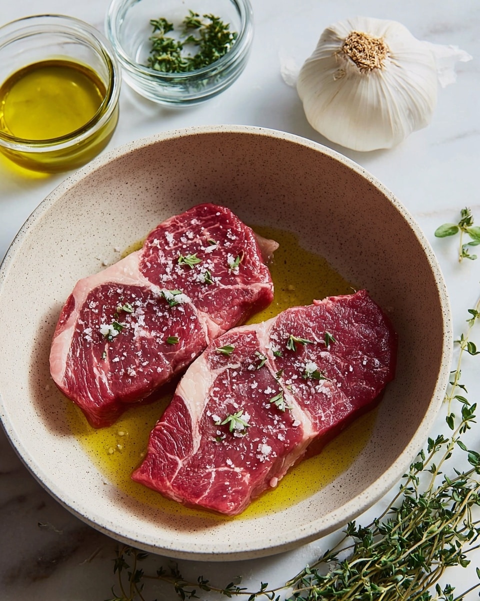 Two pieces of raw red steak with white fat edges lay side by side in a light beige speckled bowl filled with golden olive oil. The steaks are sprinkled with coarse white salt and small green herb bits. Around the bowl, on a white marbled surface, lies a full white garlic bulb, fresh green herb sprigs, a small glass jar with green herbs, and a small glass jar filled with yellow olive oil. The scene is bright and clean. photo taken with an iphone --ar 4:5 --v 7