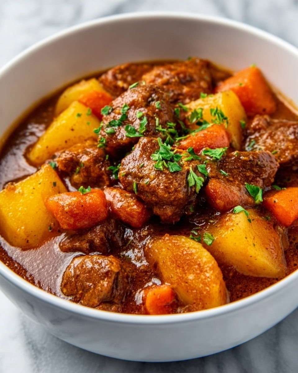 The image shows a close-up of a stew in a pot filled with several thick layers of chunky orange carrots and large yellow potatoes, surrounded by tender brown meat pieces scattered evenly throughout. Small bits of fresh green herbs are sprinkled on top, adding a pop of color. The stew looks thick and rich with a glossy, deep brown broth holding all the ingredients together. The background is a white marbled texture. Photo taken with an iphone --ar 4:5 --v 7