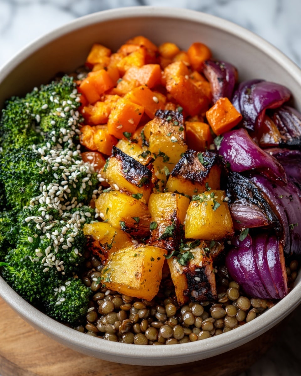 A bowl filled with five distinct layers, starting at the base with cooked lentils in a light brown color. On top of this are four sections of vegetables: bright green broccoli sprinkled with white sesame seeds on the left, shiny orange roasted carrot pieces at the top, golden yellow roasted squash cubes with charred edges and herbs in the center, and deep purple roasted red onion chunks with some blackened spots on the right side. The bowl is light-colored and sits on a white marbled surface. photo taken with an iphone --ar 4:5 --v 7