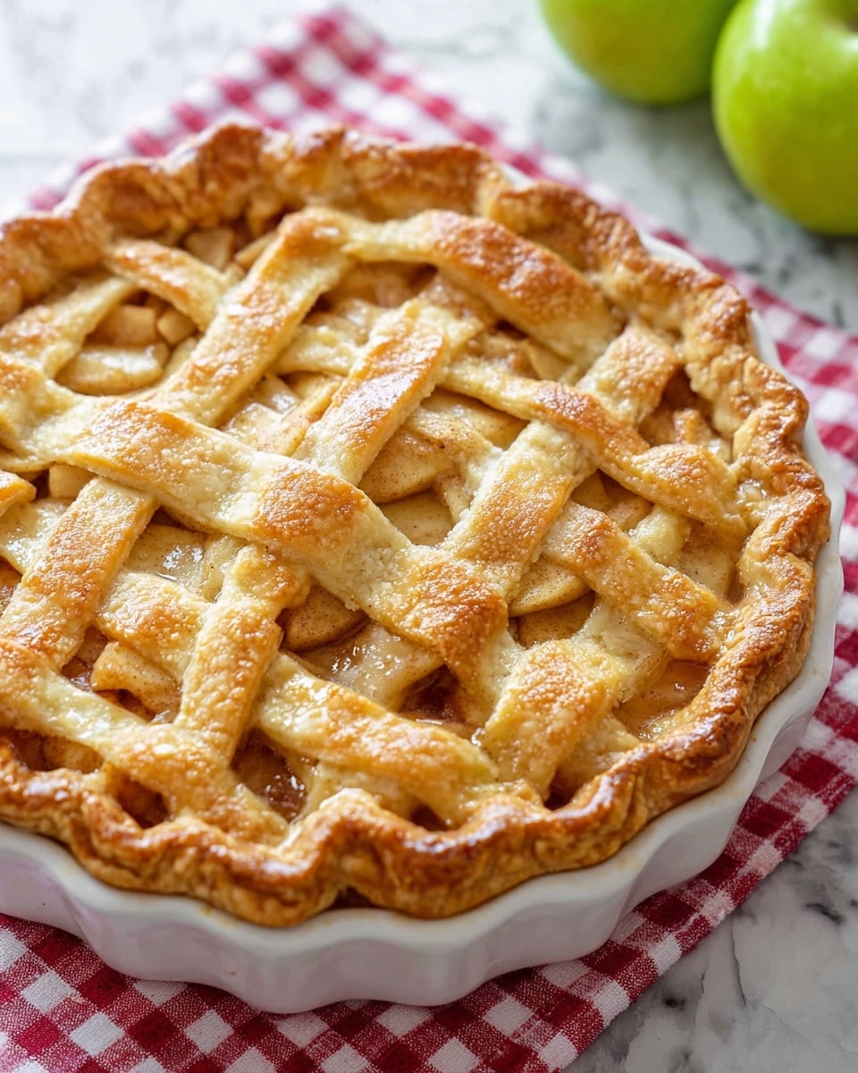 A slice of apple pie on a white plate with a silver fork beside it, showing three visible layers: a golden brown lattice crust on top with a shiny, slightly flaky texture, a thick middle layer of soft, cooked apple slices mixed with cinnamon and brown sugar giving a light brown, slightly chunky look, and a bottom layer of golden, flaky pie crust. Two green apples sit blurred in the background and the plate rests on a red and white checkered cloth over a white marbled surface. photo taken with an iphone --ar 4:5 --v 7