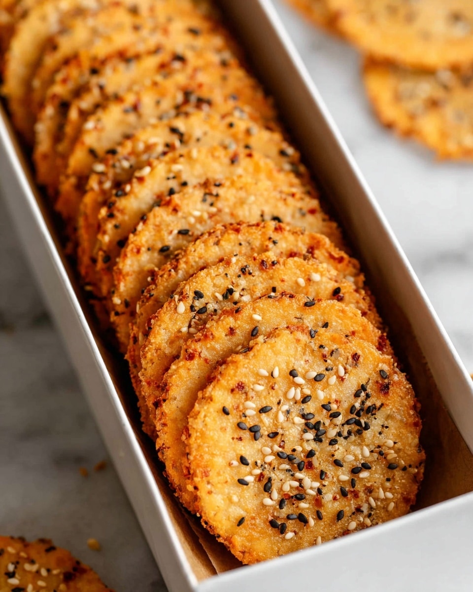 A long row of round, thin golden-brown crackers is neatly arranged inside a white rectangular box. Each cracker is lightly coated with a mix of white and black sesame seeds, along with small bits of seasoning that add a speckled texture on the surface. The crackers have a slightly rough, crispy texture with a well-baked appearance, and the box is set on a white marbled surface. In the blurred background, a few crackers are scattered outside the box, enhancing the focus on the orderly stack inside. Photo taken with an iphone --ar 4:5 --v 7