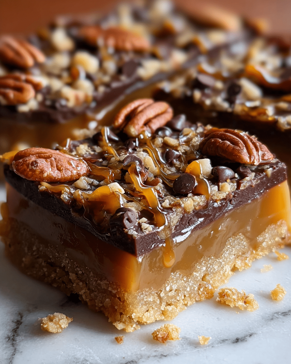 The image shows a close-up of a square dessert bar with three visible layers. The bottom layer is a light golden-brown crumbly crust with a rough texture, likely made from crushed cookies or nuts. Above that is a thick, smooth caramel layer that is shiny and slightly translucent. The top layer is dark chocolate, rich and glossy, studded with whole and chopped pecans, chocolate chips, and drizzled caramel sauce that adds extra shine and a sticky look over the nuts and chocolate. The dessert is placed on a white marbled surface with some crumbs around it, and the photo captures the indulgent textures and colors in detail. Photo taken with an iphone --ar 4:5 --v 7