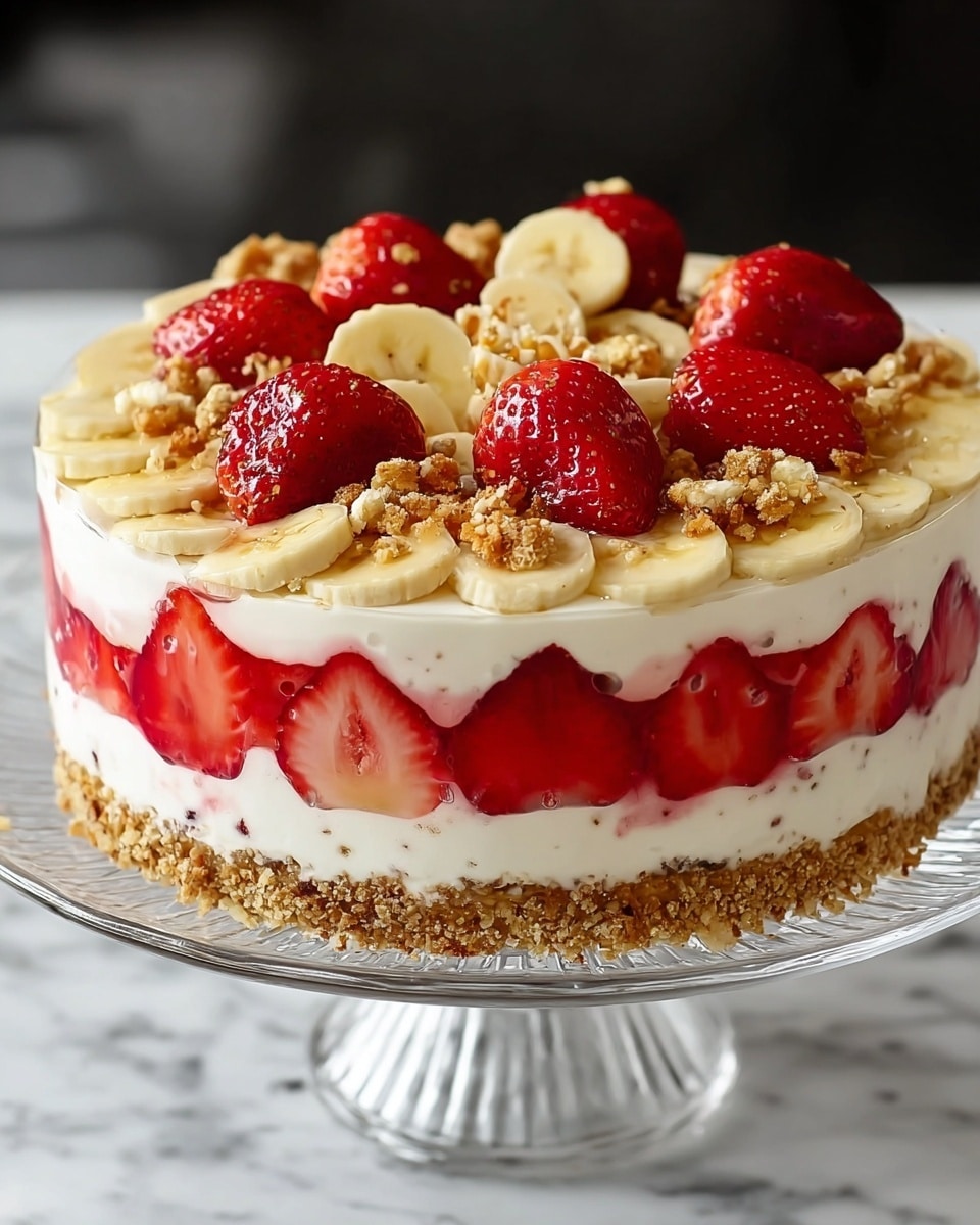 A multi-layered dessert sits on a clear glass cake stand against a white marbled texture. The bottom layer is a crumbly, light brown crust. Above the crust is a thick, creamy white layer embedded with whole sliced strawberries pressed against the side, showing their red flesh. On top of this creamy layer is a thin red jelly layer, glossy and smooth. The dessert is decorated with a circle of whole strawberries standing upright and banana slices arranged on top, all sprinkled with small clusters of crumbly topping. photo taken with an iphone --ar 4:5 --v 7