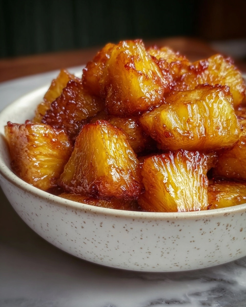 A bowl filled with several pieces of golden-brown caramelized pineapple slices. Each pineapple slice shows a crispy, glossy outer edge with a caramelized texture that is dark amber with hints of reddish browns. The inside of the slices reveals a bright yellow, juicy fruit texture with visible pineapple fibers. Coarse white sugar crystals are sprinkled over the top, adding texture and sparkle. The bowl is white and sits on a white marbled surface, with a soft blurred background. photo taken with an iphone --ar 4:5 --v 7