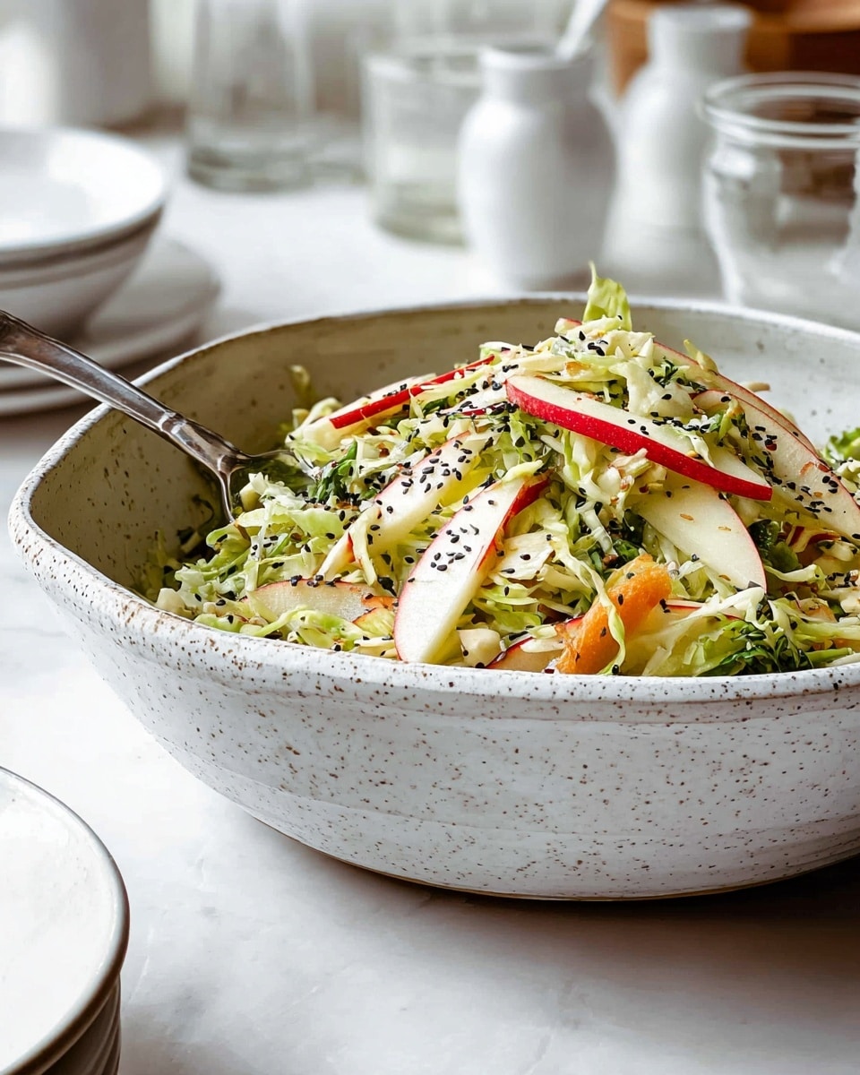 A large white speckled bowl sits on a white marbled texture, filled with a fresh salad made of three main layers: the bottom layer consists of finely shredded light green cabbage, the middle layer has thin, curved slices of red apple with white flesh, and the top layer is sprinkled with small black seeds. The salad looks moist and fresh with some green leafy bits mixed in. A metal fork rests inside the bowl, placed on the left side. In the blurry background, there are white dishes and glass jars. Photo taken with an iphone --ar 4:5 --v 7