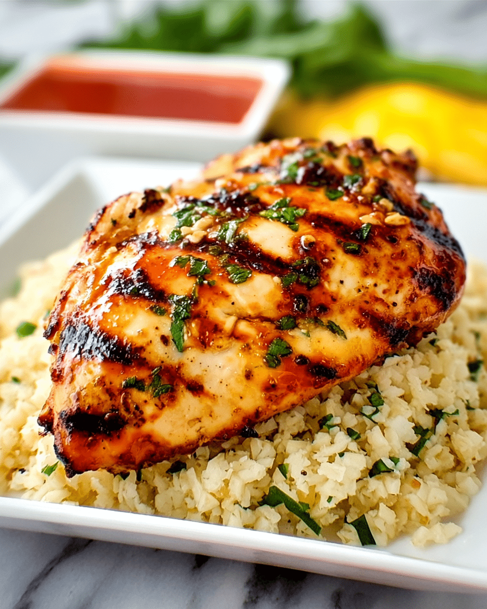 The image shows a white plate with two layers: the bottom layer is light green rice mixed with herbs, giving it a textured and slightly fluffy look, while the top layer is a grilled chicken breast with dark brown grill marks and small green herb pieces scattered on it. Behind the plate, there is a sliced yellow mango with neat square cuts. To the left of the plate, there is a small white square dish with red sauce. A clear glass of water with a slice of lime sits behind the plate next to a silver fork. The plate is placed on a white cloth with a blue pattern, all on a white marbled surface. photo taken with an iphone --ar 4:5 --v 7