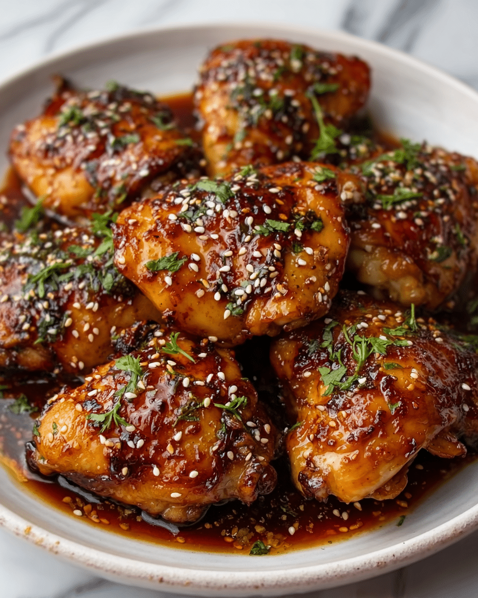 A white speckled ceramic plate holds seven pieces of glazed chicken thighs, arranged close together. Each chicken piece is covered in a shiny, sticky sauce with a rich brown color and small sesame seeds sprinkled on top. Green small herb bits are scattered over the chicken, adding a fresh contrast. The surface beneath the plate is a white marbled texture. The lighting highlights the gloss of the sauce and the texture of the chicken skin, making it look warm and appetizing. photo taken with an iphone --ar 4:5 --v 7