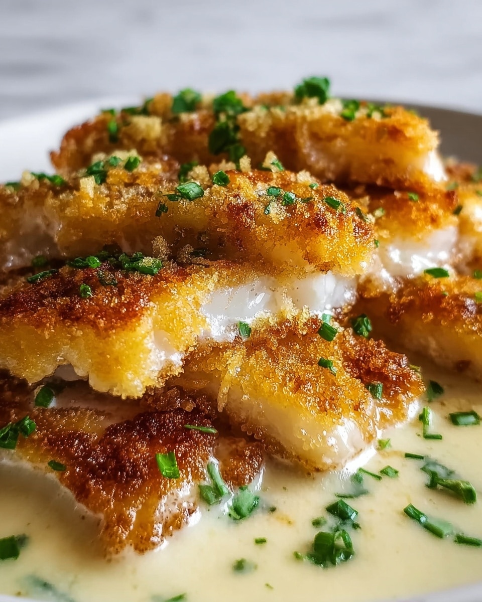 The image shows close-up a dish with pieces of breaded, crispy golden brown fish on top, each piece slightly separated from the others. Underneath the fish, there is a creamy white sauce that looks smooth and rich. The fish pieces are sprinkled with small, fresh green herbs, adding a bright contrast to the warm golden and creamy white colors. The texture of the fish is crunchy on the outside, and the sauce is shiny and moist around it. The dish is placed on a white plate, which is set against a white marbled surface. photo taken with an iphone --ar 4:5 --v 7